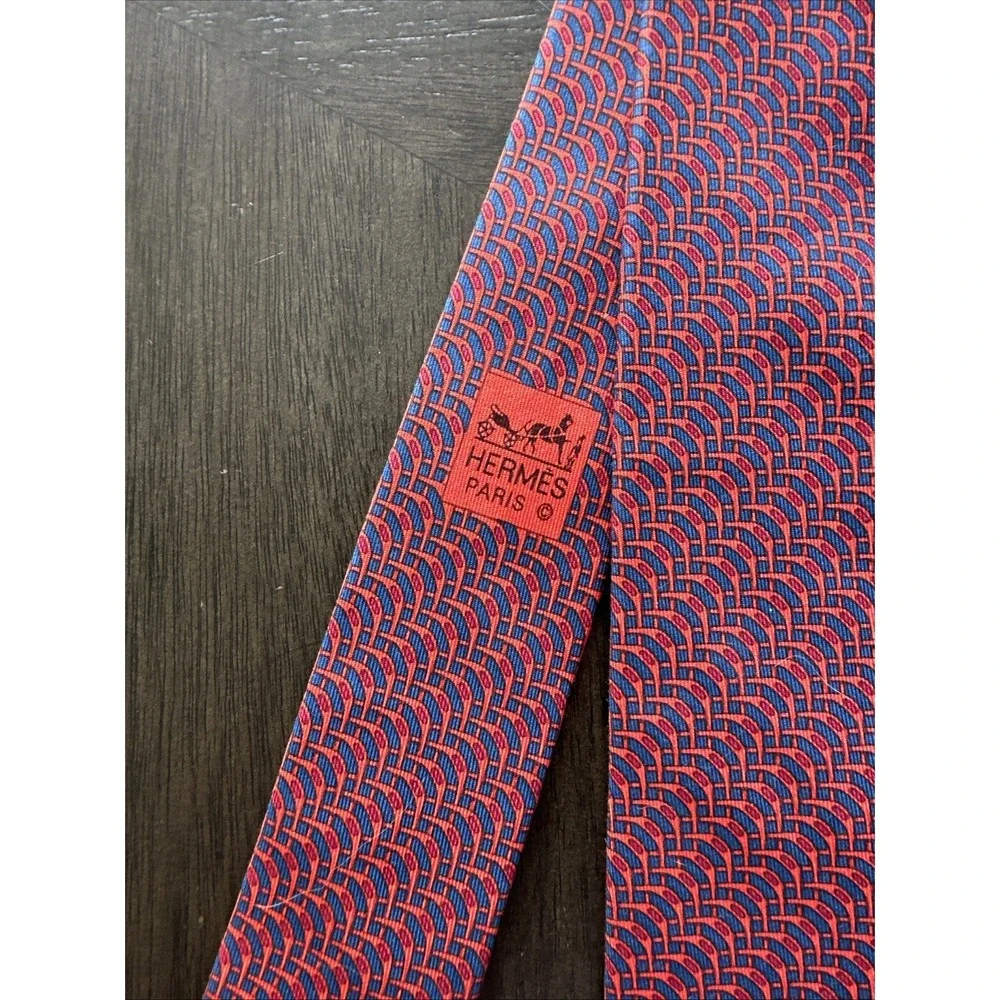 Hermès Blue Orange Geometric 100% Silk Men's Designer Woven Tie Logo Accent